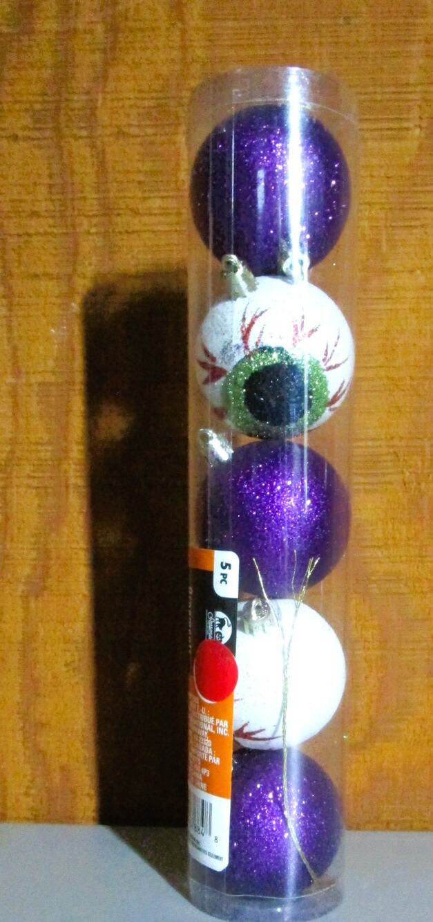 Halloween Ornaments Set Purple & White Eyes Glitter Balls Tree Wreath Decor